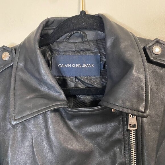 Calvin Klein Jeans Women's Black Faux Leather Jacket Large Moto Style Zip Pocket - Picture 6 of 14